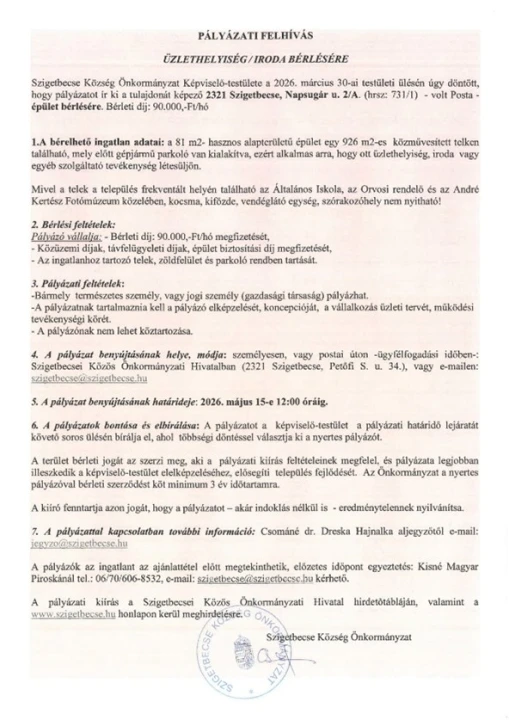 Pályázati felhívás üzlethelyiség/iroda bérlésére Szigetbecsén