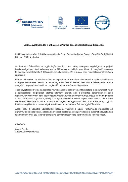 Újabb együttműködés a láthatáron a Pomázi Szociális Szolgáltatási Központtal