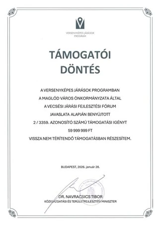 Maglód Város Önkormányzata a Versenyképes Járások Program keretében 2025 decemberében benyújtott támogatási kérelmére kedvező döntésben részesült