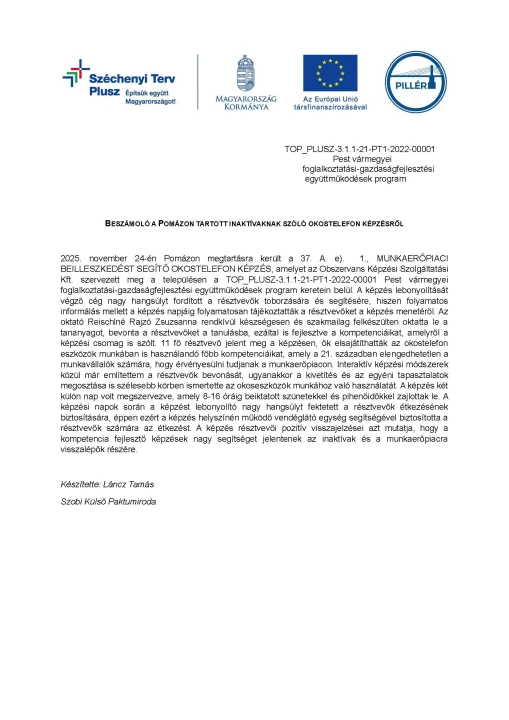 Okostelefonképzés inaktívaknak Pomázon