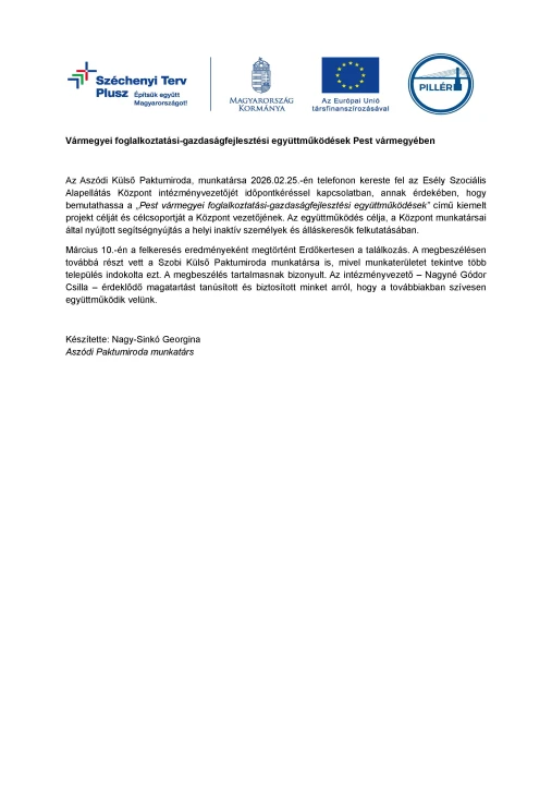 Együttműködés kialakítása a Esély Szociális Alapellátás Központtal