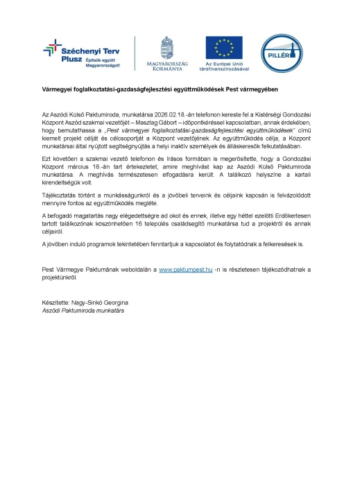 Együttműködés kialakítása az aszódi Kistérségi Gondozási Központtal